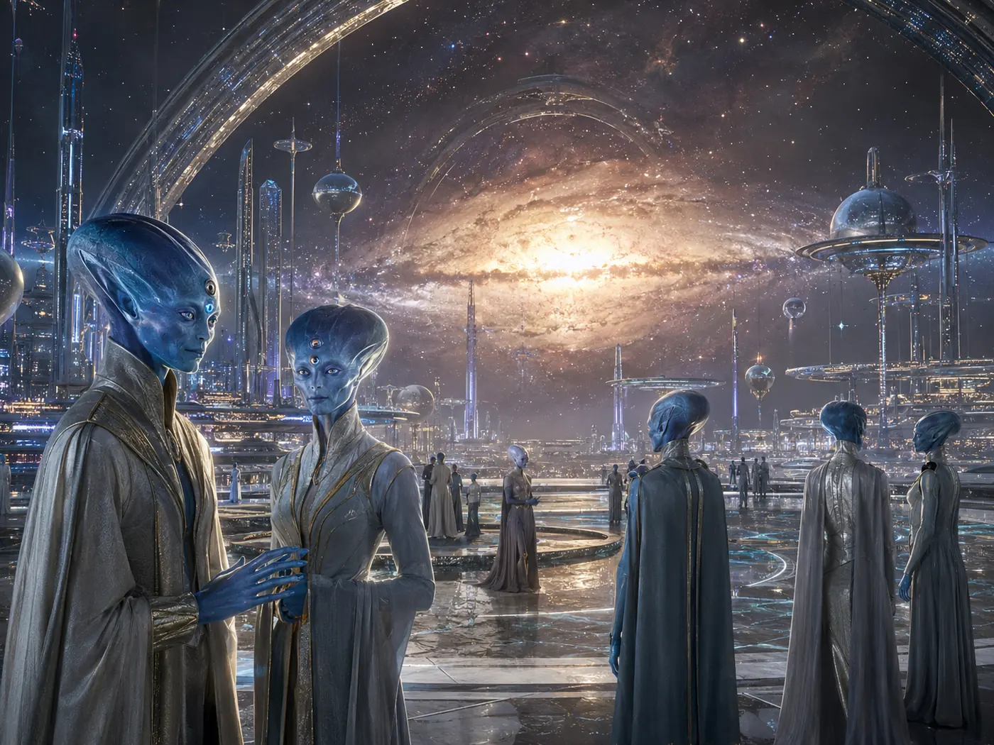 Aionari citizens in a galactic-core civic city