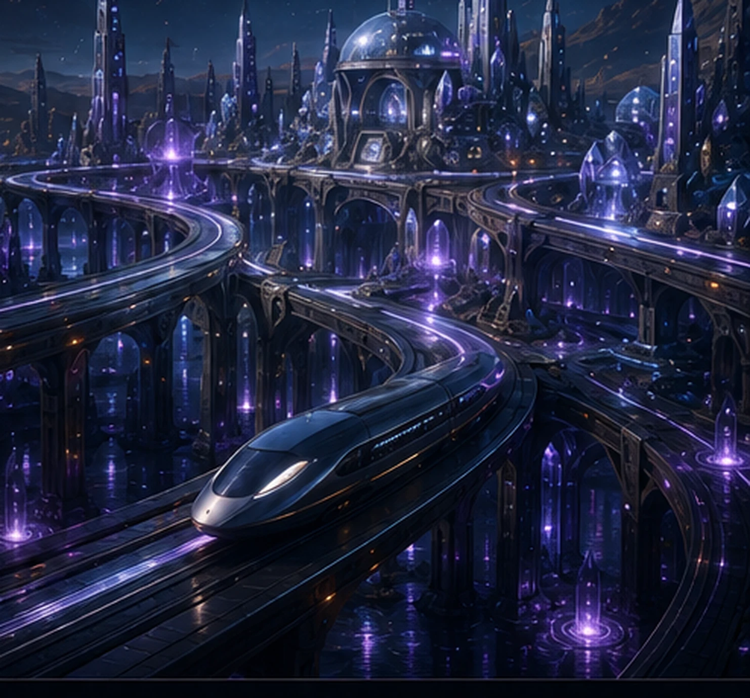 Advanced crystalline metropolis with layered high-speed transit corridors
